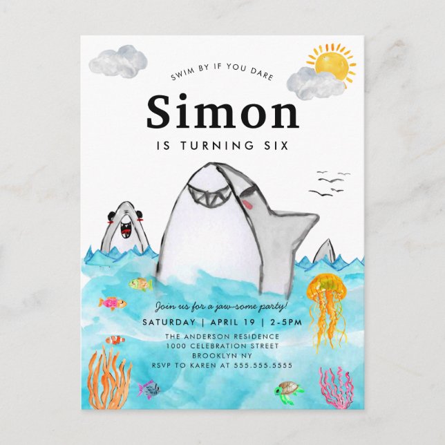 Postal Cute Under Sea Natación En El Océano Tiburón Cumpl (Anverso)