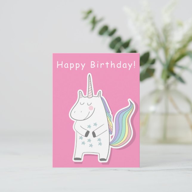 Postal Cute Unicorn - Cumpleaños de niñas (Anverso de pie)