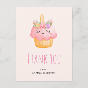 Postal Cute Unicornio de Cupcake Rosa con Rosas Gracias