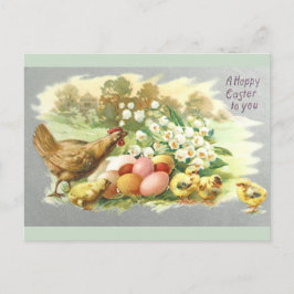 Postal Cute vintage chicks de Pascua y huevos florales