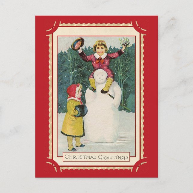 Postal Cute Vintage Christmas Greetings Kids Snowman (Anverso)