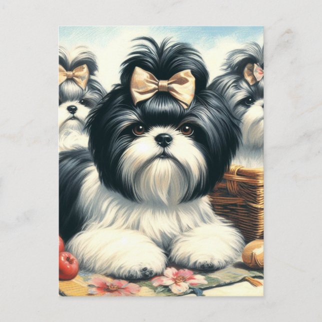 Postal Cute vintage Shih-Tzu Pintura (Anverso)