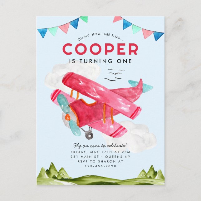 Postal Cute Watercolor Aviation Sky Red Airplane Cumpleañ (Anverso)
