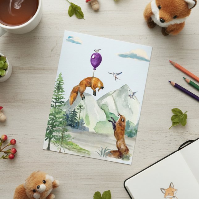 Postal Cute Watercolor Fox Fly Away Forest Scene (Subido por el creador)