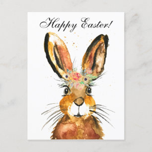 Postal Cute Watercolor Rabbit Bunny Hare Floral de Pascua