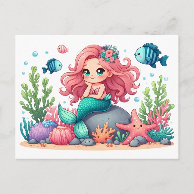 Postal Cute Whimsical De La Sirenita Y Amigos Del Pescado (Anverso)