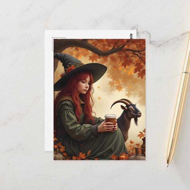 Postal Cute Witch With Coffee and Her Pet Goat in Autumn (Anverso/Reverso In Situ)