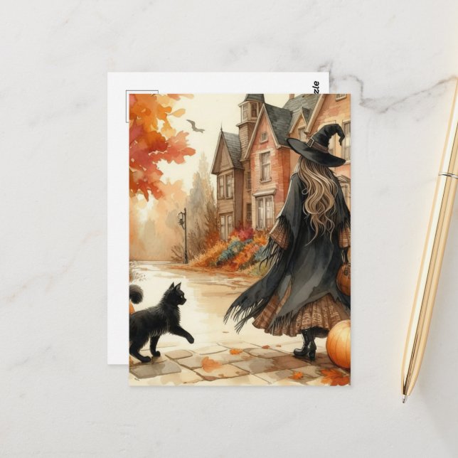 Postal Cute Witch With Her Black Kitty Autumn Watercolor (Anverso/Reverso In Situ)
