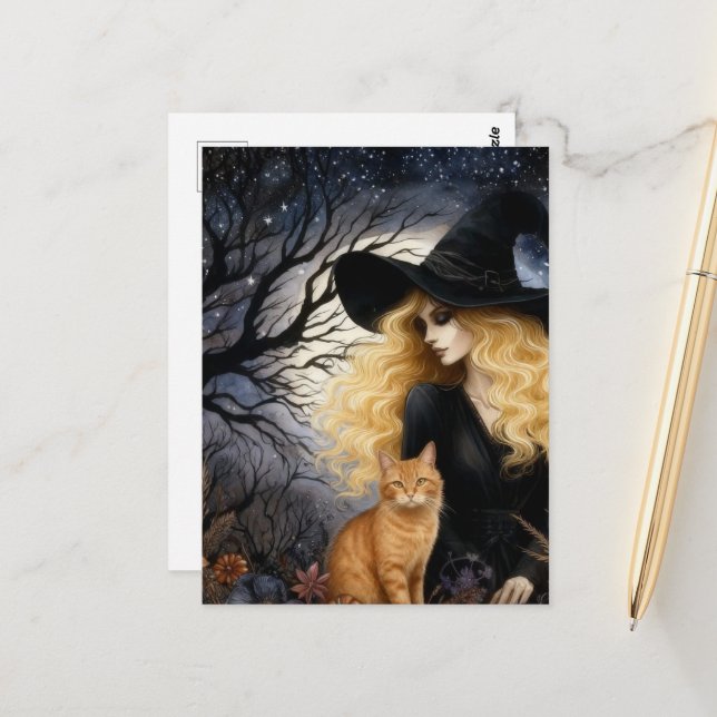 Postal Cute Witch With Her Ginger Kitty (Anverso/Reverso In Situ)