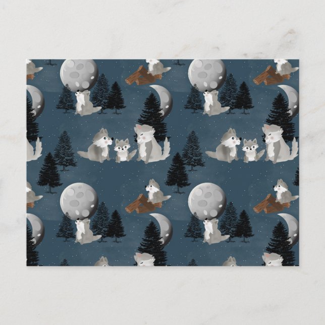 Postal Cute Wolf Pack Woodland Night Sky Moon (Anverso)