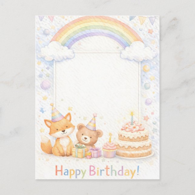 Postal Cute Woodland Animals Birthday Card with Rainbow (Anverso)