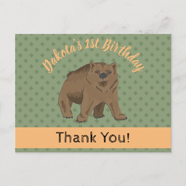 Postal Cute Woodland Grizzly Bear Cub Gracias (Anverso)