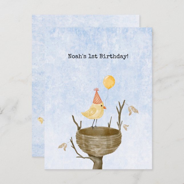 Postal Cute Yellow Baby Bird With Balloon Invitation (Anverso / Reverso)