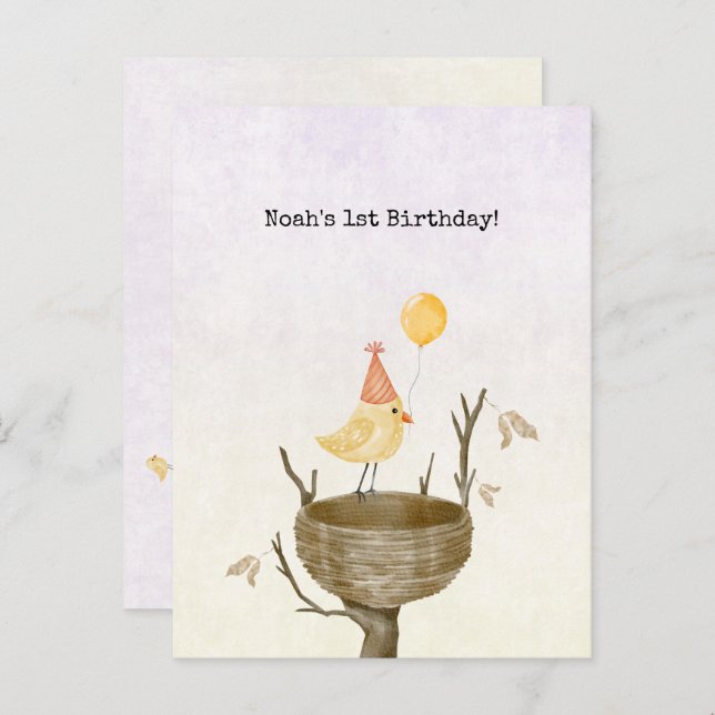 Postal Cute Yellow Baby Bird With Balloon Invitation Brie (Anverso / Reverso)
