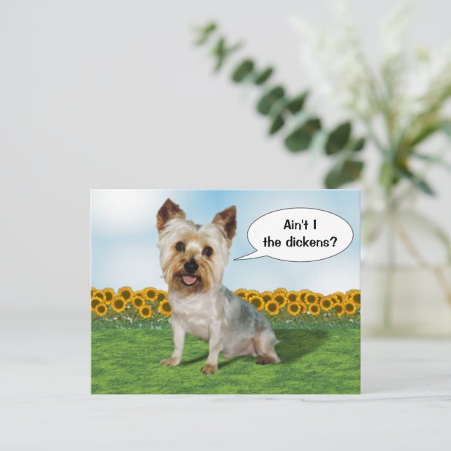 Postal Cute Yorkie con girasoles (Anverso de pie)