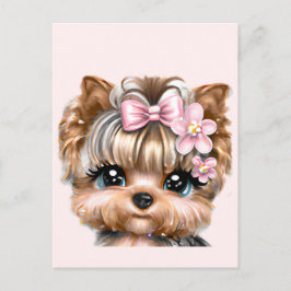 Postal Cute Yorkie con un compadre rosado