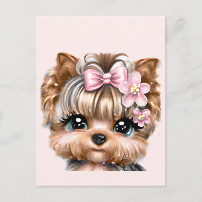 Postal Cute Yorkie con un compadre rosado (Anverso)