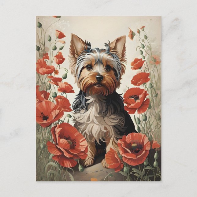 Postal Cute Yorkshire Terrier Botaner Red Poppies (Anverso)
