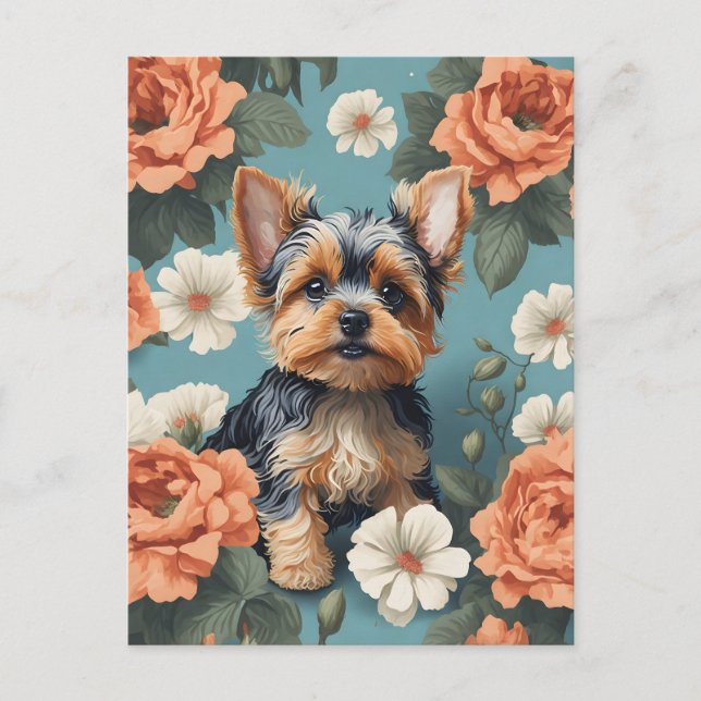 Postal Cute Yorkshire Terrier Puppy Floral (Anverso)