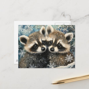 Postal Cuteos adorables mapaches bebé en la nieve de invi