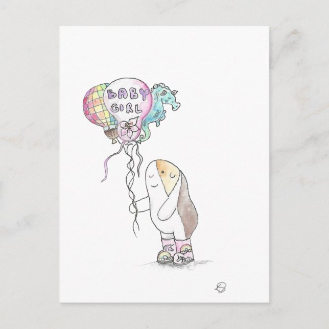 Postal Cutie el cerdo guineano con globos para niñas (Anverso)