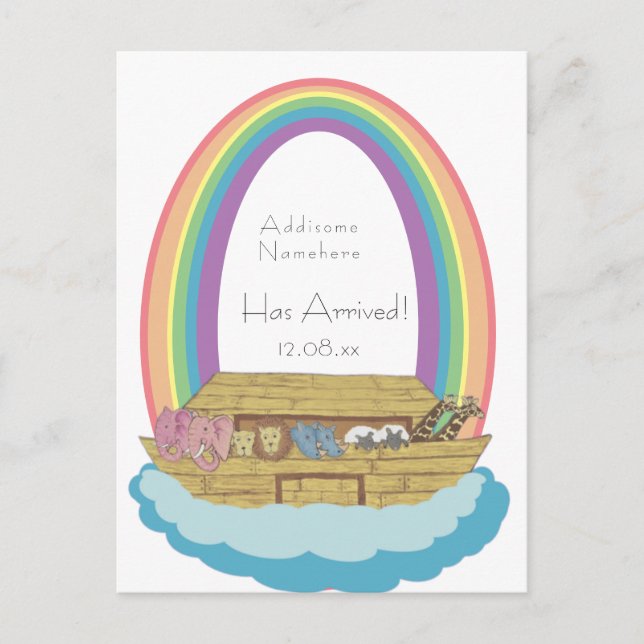 Postal Cuto retro arcoiris Noah Ark bebé anunciador de na (Anverso)