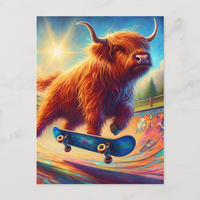 Postal Cuto Skateboarding Highland Cow (Anverso)