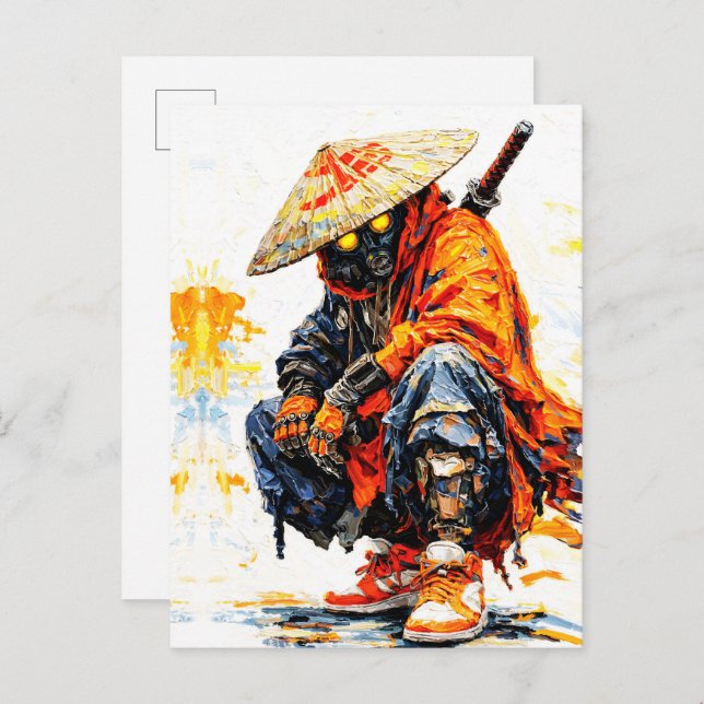 Postal Cyber Samurai Palette Knife Neon Orange Impasto (Anverso / Reverso)