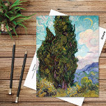 Postal Cypresses Crescent Moon Vincent van Gogh<br><div class="desc">Postal de arte fino con la pintura Cypresses (1890) del artista holandés Vincent van Gogh (1853-1890). Un paisaje post-impresionista con un gran ciprés en primer plano y un cielo colorido giratorio con una luna creciente.</div>