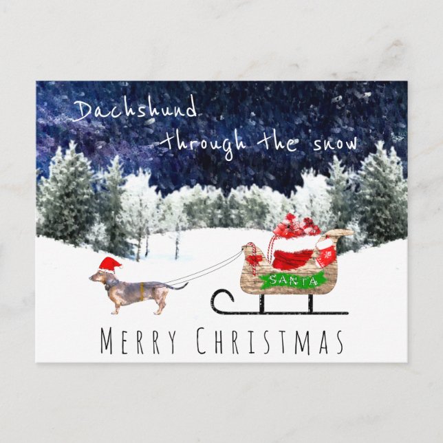 Postal Dachshund a través de la nieve lindo post de navid (Anverso)