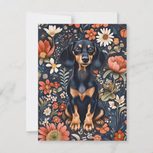 Postal Dachshund Adorable Rodeado De Flores Vivas
