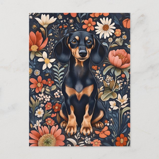 Postal Dachshund Adorable Rodeado De Flores Vivas (Anverso)
