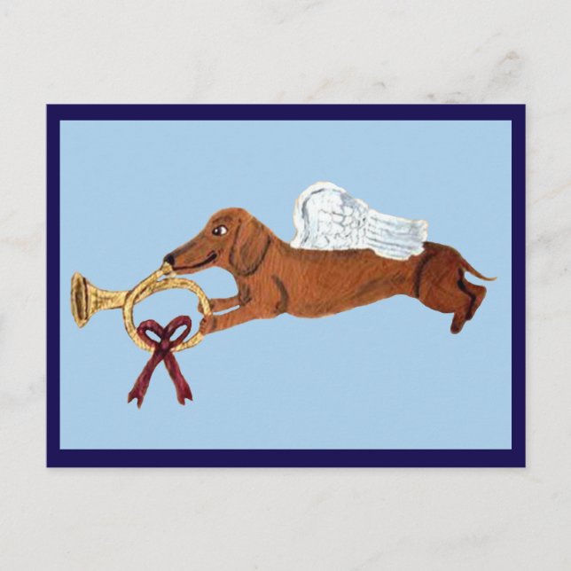 Postal Dachshund Ángel con una Trompa Francesa (Anverso)