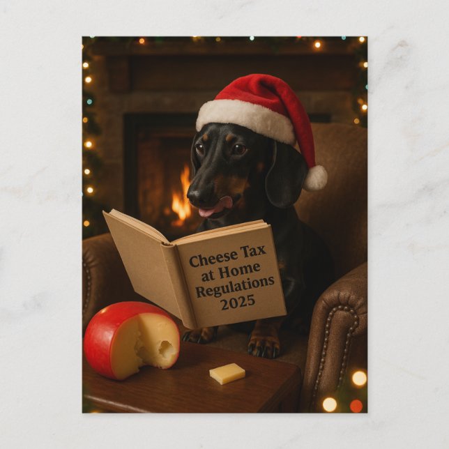 Postal Dachshund 'Cheese Tax' Christmas postcard (Anverso)