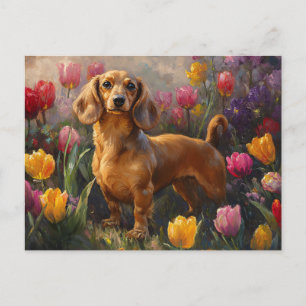 Postal Dachshund con pintura de tulipanes de primavera