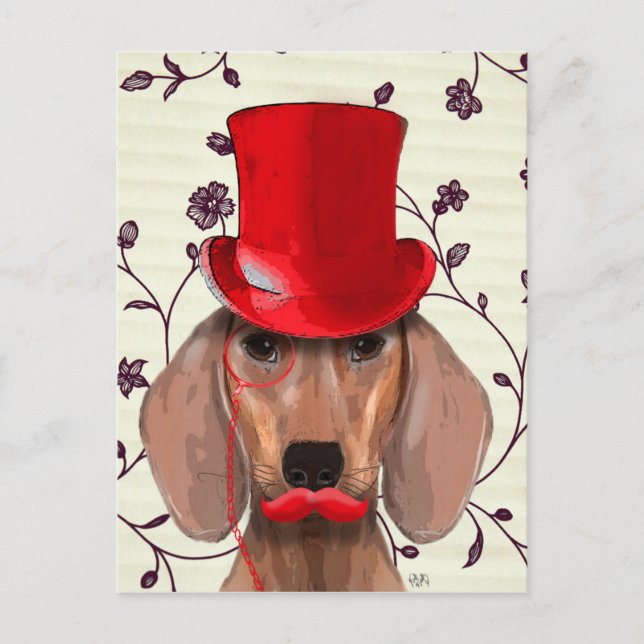 Postal Dachshund con sombrero rojo superior (Anverso)