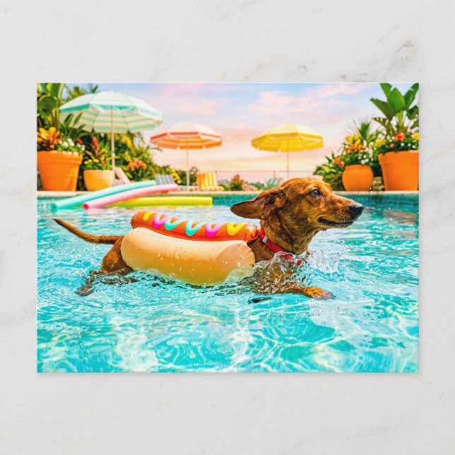 Postal Dachshund con traje de hotdog (Anverso)