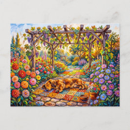 Postal Dachshund descansando bajo la pérgola floral del j