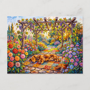 Postal Dachshund descansando bajo la pérgola floral del j