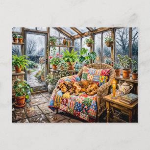 Postal Dachshund descansando en silla de patchwork dentro