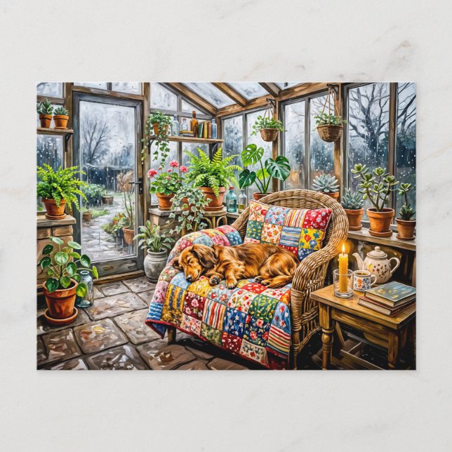 Postal Dachshund descansando en silla de patchwork dentro (Anverso)