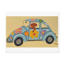 Dachshund en coche hippie