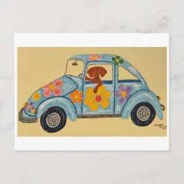 Postal Dachshund en coche hippie