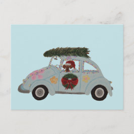 Postal Dachshund en Coche Hippie en Navidad