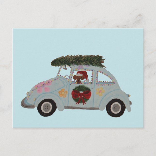 Postal Dachshund en Coche Hippie en Navidad (Anverso)