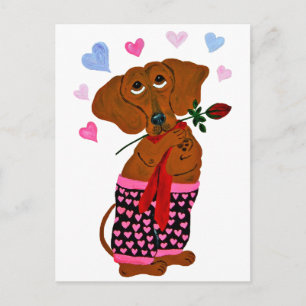 Postal Dachshund En Cortes De Corazón Rosa