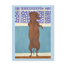 Dachshund en la ventana viendo nevar