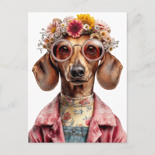 Postal Dachshund floral con estilo vintage (Anverso)