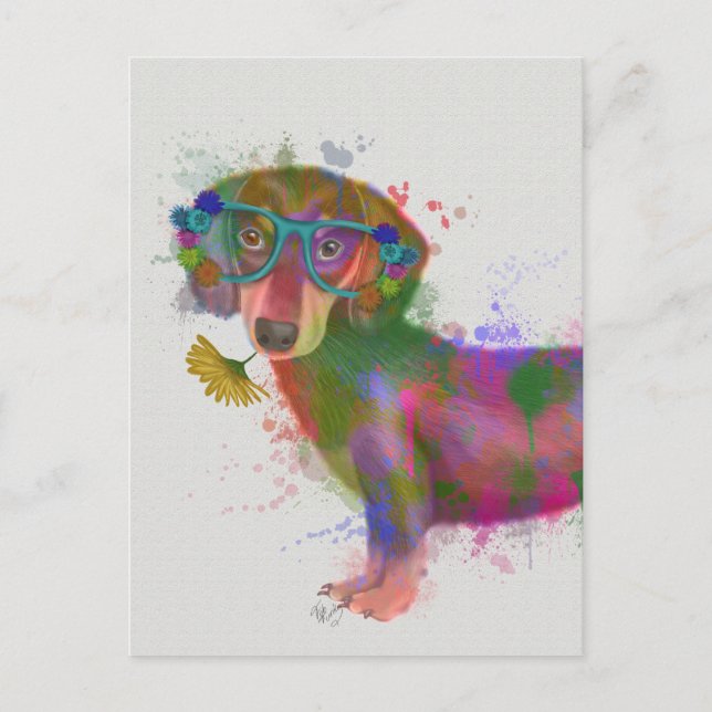 Postal Dachshund & Glasses Splash Arcoiris (Anverso)