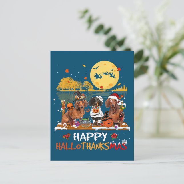 Postal Dachshund Happy Hallothanksmas Halloween Thanksgiv (Anverso de pie)